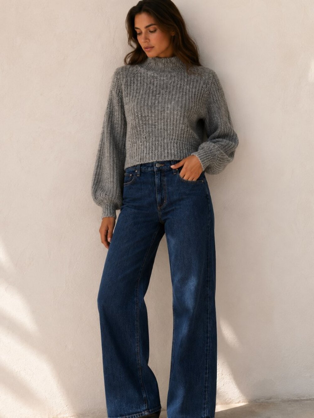 The Kooples Paris Chunky Ribbed Mock Neck Sweater Cropped Balloon Sleeve Sz S